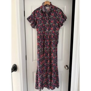 Mille Floral Long Print Short Sleeve Button Down Dress Cottagecore Moody Florals